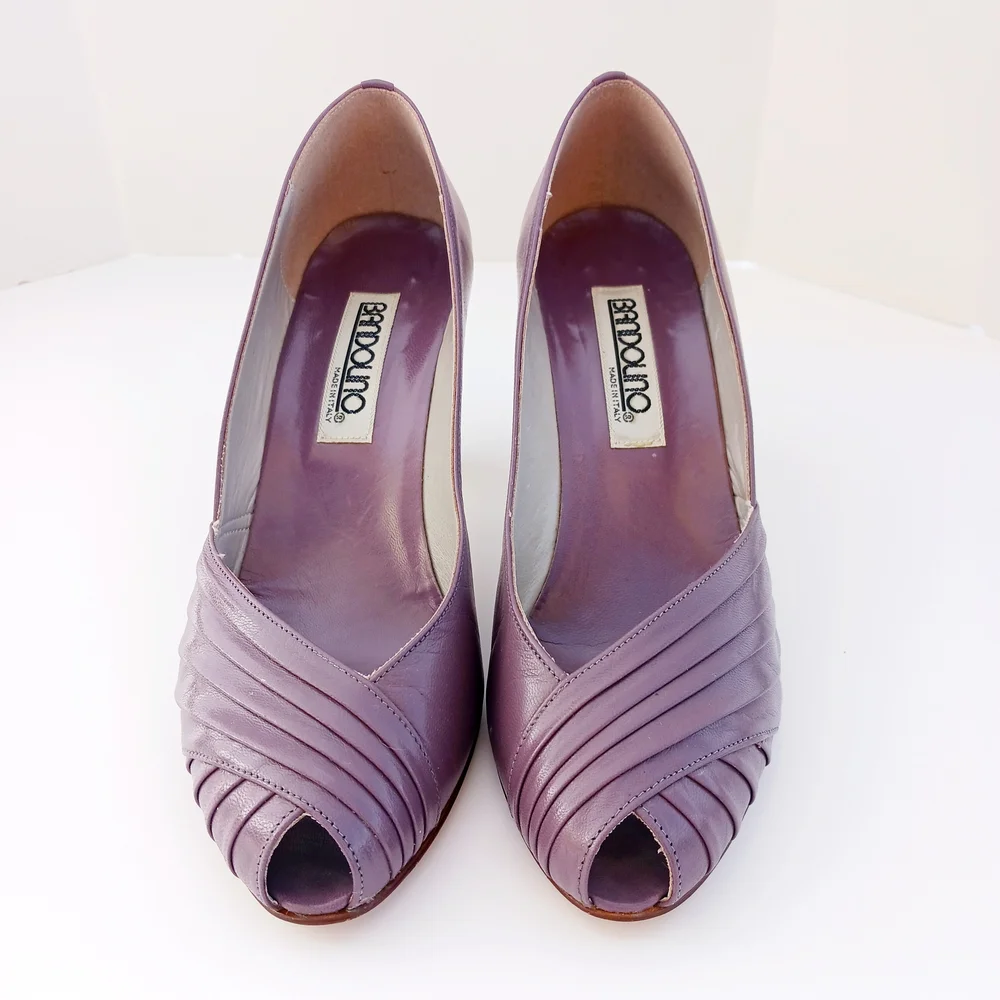 VINTAGE ITALIAN LEATHER Purple Plum Peep-Toe Heels Size 6 - Picture 2 of 10